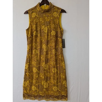 Sharagano Womens Eyelet Gold Brown Lace Mock Neck Sheath Party Dress Size 10 New - Image 1 of 4