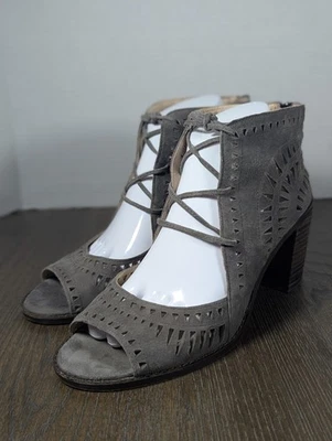Vince Camuto Suede Peep Toe Block Heels Shoes Womens 9 Gray Cut Out Lace Up - Image 1 of 4