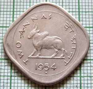 INDIA Republic 1954 2 ANNAS, ZEBU & Ashoka Lion Capitol Square Shape Bombay - Picture 1 of 6