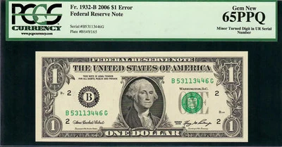 $1 2006 FRN Turned Digit Error Serial Number Cheap Mistake PCGS Gem New 65PPQ - Image 1 of 2