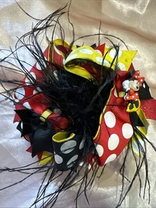 Custom Minnie Mouse Black Red Yellow Hair Bow With Feather On Clip - Picture 1 of 13