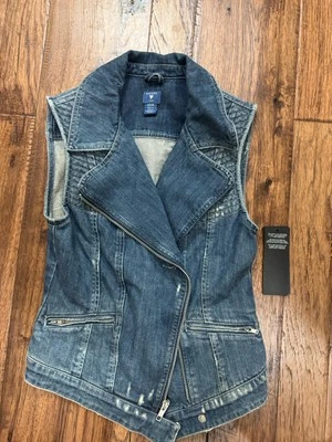 Guess Distressed Denim Moto Chaleco Cremallera Acentos Chaqueta Jean Sin Mangas XS Foto 1 de 4