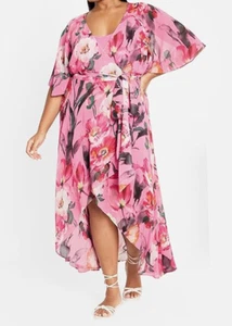 City Chic Ladies Lovers Lane Wrap Maxi Slip Dress Size 26 3X Pink Floral Print - Picture 1 of 4