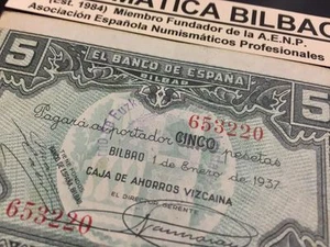 Bilbao 5 Pesetas 1937 Banknotes With Seal Purple Del Government Basque IN - Picture 1 of 3