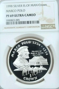 1998 ISLE OF MAN SILVER 1 CROWN MARCO POLO NGC PF 69 ULTRA CAMEO SCARCE COIN - Picture 1 of 4