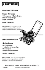 Owner’s Manual Sears Craftsman 4.0 HP 21” Snow Thrower Blower -Model 536.881400 - Picture 1 of 3