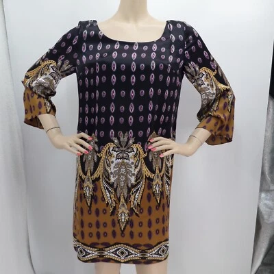 MUSE / MULTI COLOR MEDALLION PRINT FLARE 3/4 SLEEVES SCOOP NECK SILK DRESS SZ: 8 - Image 1 of 4