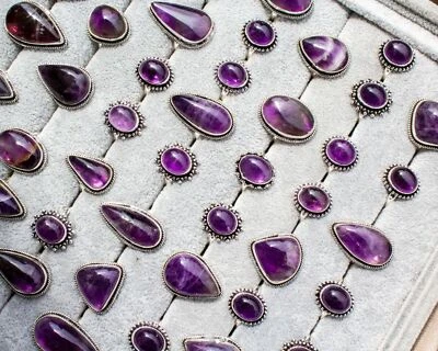 Lote de anéis boho folheados a prata esterlina 925 com pedra preciosa de ametista incrível - Imagem 1 de 4