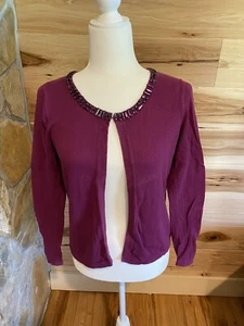 Loft Plum Color Cardigan Sweater With Bead Detail Around Neckline Size Small - Picture 1 of 5