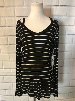 NUEVO CON ETIQUETAS Blusa Energie Manga Larga Talla XL Corte Hombro Negro Blanco Rayas LS Nueva Foto 1 de 4