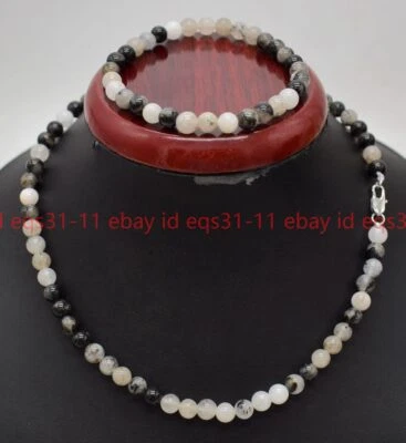 Nuevo 6/8/10mm Cuarzo Negro Rutilado Redondo Piedras Preciosas Cuentas Collar Pulsera Conjunto Foto 1 de 4