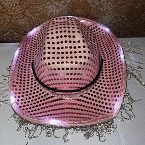 LIGHT UP SEQUIN PINK COWBOY HAT - COUNTRY FUN! 2 Flashing Lights , Solid Light - Picture 1 of 6