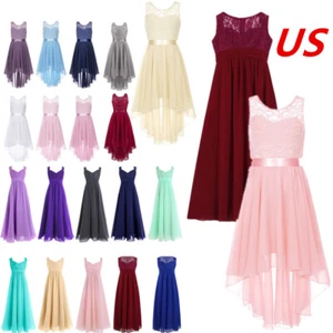 Kids Sleeveless Lace Flower Girl Dress Chiffon High Low Bridesmaid Dress - Picture 1 of 119