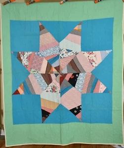 Colorful Vintage 40's Lone Star Antique Quilt, NICE BLUE BACKGROUND! - Picture 1 of 12