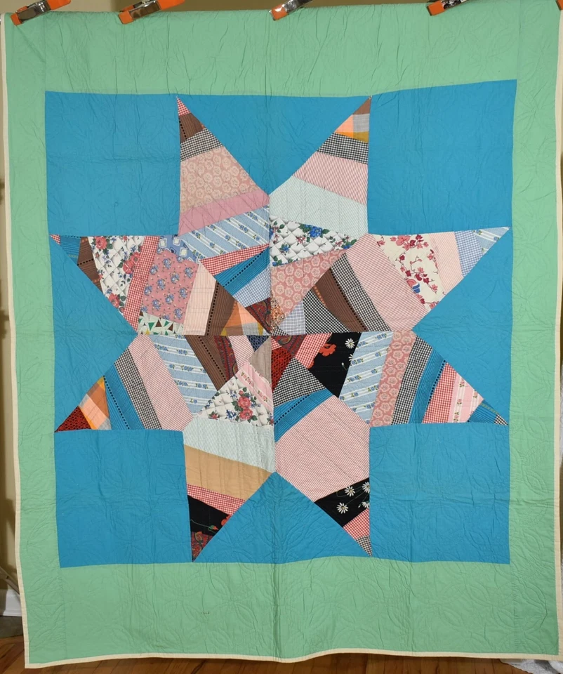 Colorful Vintage 40's Lone Star Antique Quilt, NICE BLUE BACKGROUND! - Image 1 of 4