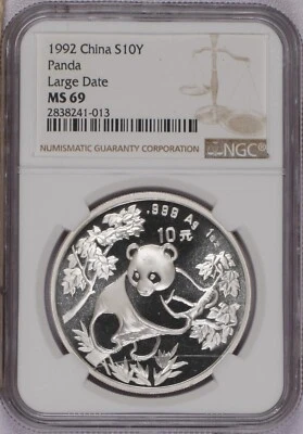 1992 Silver Panda 1 oz. 10 Yuan Large Date NGC MS69. Free Shipping. - Image 1 of 2