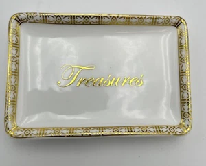 Macy’s Holiday Lane Ceramic Jewelry Tray Treasures White With Gold Lettering - Picture 1 of 6