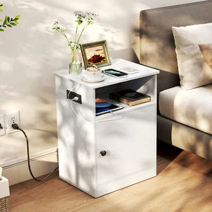 TC-HOMENY White Nightstand with Charging Station Wood Night Stand Side End Table - Picture 1 of 12