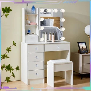 White Dressing Table Set With LED Lights Sliding Mirror Vanity Table Makeup Desk - Picture 1 of 12