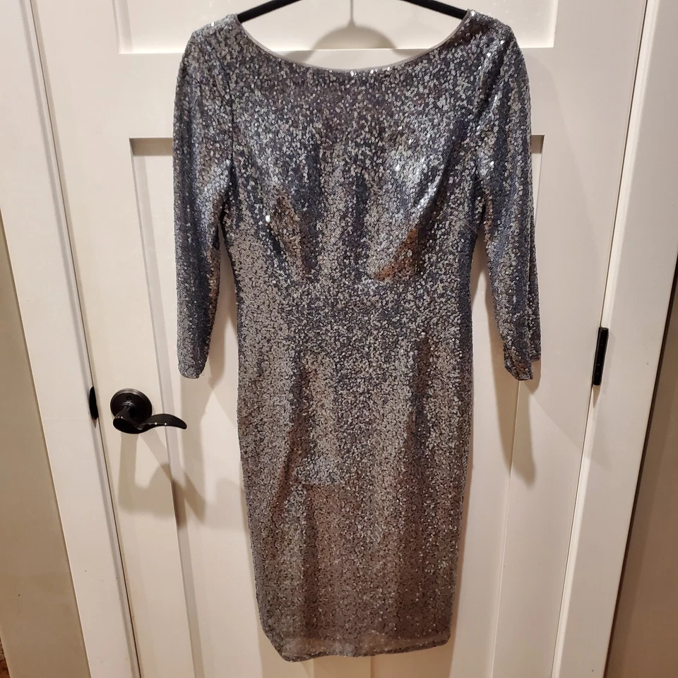 Adrianna Papell Silver Sequin Long Sleeve Cocktail Dress Size 6 Formal Swiftie - Image 1 of 4