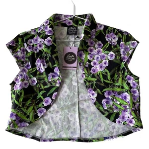 Louella De Ville Black Purple Open Top Size 14 Collar Cap Sleeve Floral Stretch - Picture 1 of 11
