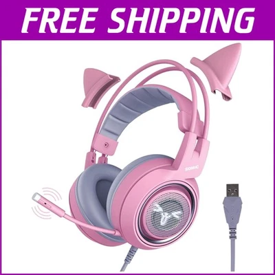 Wired Pink Cat Ear Gaming Headphones with Noise Cancelling & Comfortable Design - Image 1 of 4