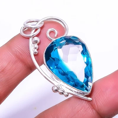 Bi-Colour Blue Topaz Designer Handmade 925 Sterling Silver Pendant 1.72" P64 - Image 1 of 4