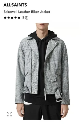 Chaqueta de moto de cuero All Saints con cinturón para hombre gris guijarro mediano negro blanco Foto 1 de 4