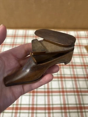 18th/ Early 19th Century Wooden Shoe Shaped Puzzle Form Snuff Box W Tacked Sole - Image 1 of 4