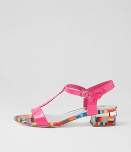 New Django & Juliette Taner Hot Pink Stripe Patent Leather Sandals Womens Shoes - Picture 1 of 5