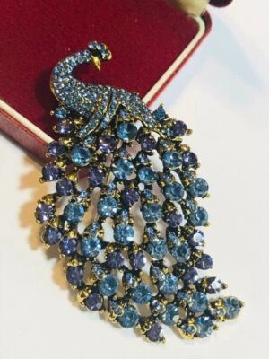 Art Deco inspirierte blaue Kristall Pfau Brosche Halskette Anhänger Schal Pin - Bild 1 von 4