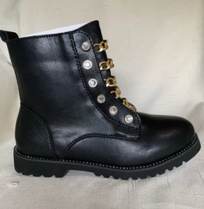 KURT GEIGER Girls shoes Combat Black boots Crystal Chain Leather 4M Womens 5.5 6 - Picture 1 of 16