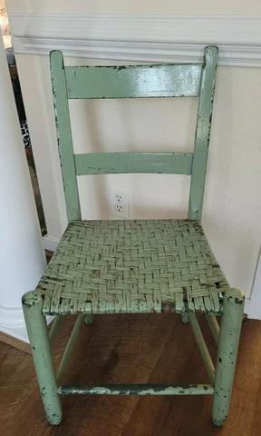 Antique Vtg Chair Wood Rustic Cane  Primitive Chippy Shabby Chic Wooden Green Cover