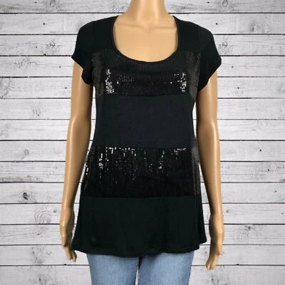Agenda Sequined Stripe Scoop Neck Shirt T-shirt LARGE Black Sparkle Rayon Knit - Image 1 of 4