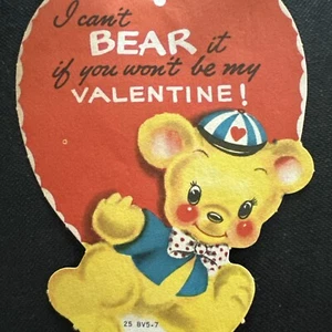 Vtg Valentine’s Day Card 1950s Diecut Bear I Can’t Bear It Carrying Heart - Picture 1 of 3