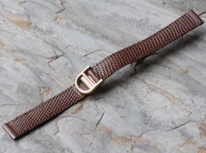 Correa de reloj marrón genuino lagarto 12 mm hecha en Italia desplegable chapado en oro 18K - Imagen 1 de 6