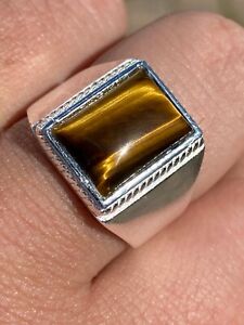 Real Mens Solid 925 Sterling Silver Tiger's Eye Signet Ring Sz 7 8 9 10 11 12 13