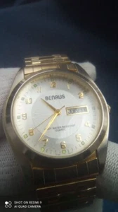 Benrus Watch Men Silver Gold Stainless Steel Battery 100m Day Date White Quartz - Picture 1 of 17