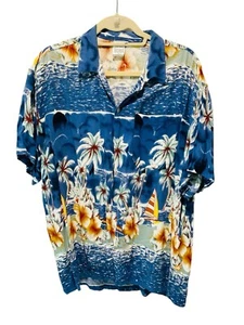 Vtg Men’s Hawaiian Shirt Orchids Sailboats Water Palm Trees Blue Multicolor Sz L - Picture 1 of 5