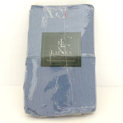 Lauren Ralph Lauren Cape May Narrow Stripe Blue Standard Pillowcases Vintage NEW - Image 1 of 4