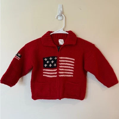 Винтажный Chibcha Artesanias ручной вязки шерсти США флаг молнии свитер кардиган красный детский - Изображение 1 из 4