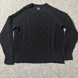 GAP Mens S Black Cable Knit Crewneck Sweater Cozy Fisherman Pullover Cotton - Picture 1 of 7