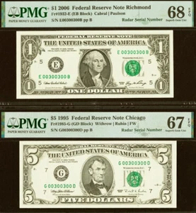 2006 $1 PMG 68EPQ 1995 $5 FRN PMG 67EPQ - Matching Radar Serial Number 00300300 - Picture 1 of 5