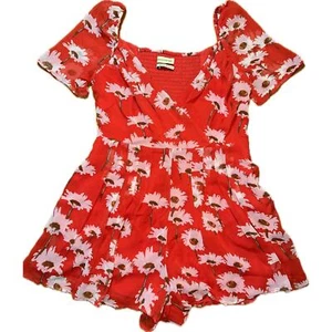 Urban Outfitters Women's Red Floral Chiffon Romper Size M Summer Casual V-Neck - Picture 1 of 6