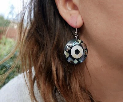 Paua Abalone Perlmutt Ohrringe Ohrhänger Naturschmuck Borneo Indonesien - Bild 1 von 2