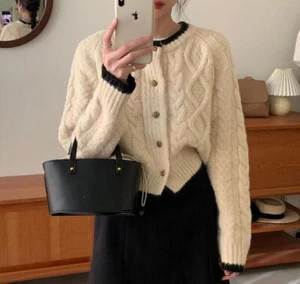 Womens Fashion Round Collar Long Sleeve Cable Knit Cardigan Warm Sweaters Coats - Picture 1 of 14