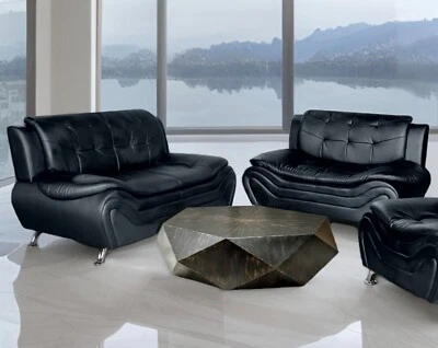 PRICE DROP Black Leather Gel 2PC Sofa Loveseat Set Contemporary Modern Furniture - Image 1 of 4