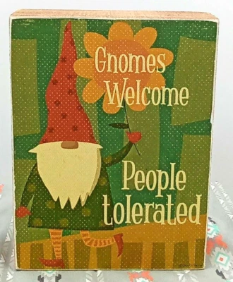 Gnomes Welcome People Tolerated Wood Box Sign Rustic Green Brown Red White 7.25" - Image 1 of 3