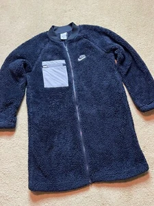 Big Kids Nike Girls Long Plush Fuzzy Black & Gray Streetwear Fleece Jacket XL - Picture 1 of 5
