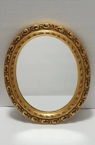 VINTAGE GOLD TONE HANGING WALL MIRROR  ORNATE OVAL  MIRROR 12.5 TALL STUNNING Cover